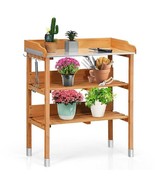 Solid Wood Outdoor Garden Bench Table with Bottom Storage Shelves and Me... - $300.99 CAD