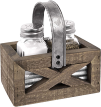 Barn Door Rustic Salt and Pepper Shakers Set in Wood and Galvanized Caddy | Farm - £20.13 GBP