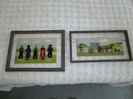 Pr Padded Amish Family &amp; Horse &amp; Buggy Fine Needlepoint w/Barn Board Frames - £40.55 GBP