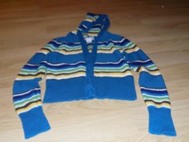 Girl&#39;s Size Medium SO Striped Cardigan Button Up Hooded Sweater Jacket Teal EUC - £11.95 GBP