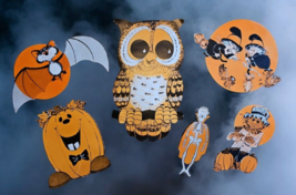 Vintage Halloween 5 Piece Die Cut Set Owl Witch Bat Moon Skeleton Jack-O-Lantern - $39.59