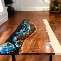 Stunning Ocean Wave &amp; White Epoxy Dining Tabletop – Handcrafted Acacia Wood Luxu - £287.90 GBP+