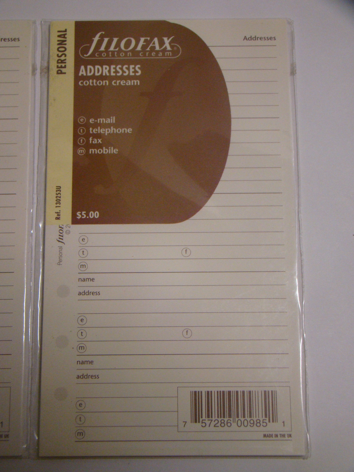 FILOFAX Cotton Cream - ADDRESS - E-Mail/Telephone/Fax/Mobile Ref. 130253U Refill - £7.80 GBP