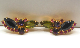 Vintage Multi-Color Rhinestone Prong-set Clip-on Earrings 1.1/4" x 1/2" - $63.11
