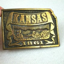 Vintage 1970s Kansas 1861 State Belt Buckle Brass tone Metal Farm Windmill RARE - £24.03 GBP