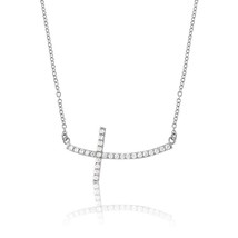 Sterling Silver CZ Curved Sideways Cross Necklace - £58.65 GBP