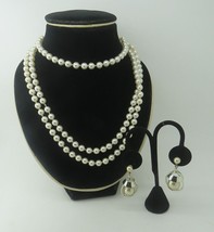 Vintage Long Faux Pearl Beaded Necklace 58&quot; Screw Back Earrings Silver Tone  - £8.05 GBP