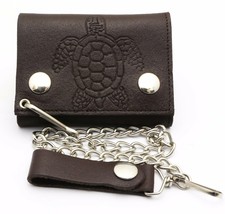 Trifold Brown Leather Biker Chain Wallet Embossed Sea Turtle Design - £13.29 GBP