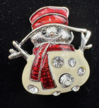 Vintage Enamel Snowman Brooch Rhinestone Holiday Christmas Figural Pin - $22.76