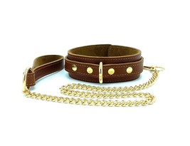BDSM Dark Brown Leather Tango Collar &amp; Leash Set with Gold Hardware, Bon... - £82.95 GBP