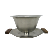 Gravy Serving Bowl with Pedestal MCM Stainless Steel &amp; Wood Vtg Japan 18-8 - £13.43 GBP