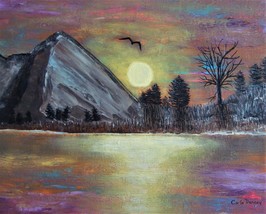 Painting Original Mountain Sunset Lake Bob Ross Style Signed Art By Carla Dancey - £17.64 GBP
