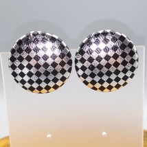 Vintage Sleek Checkerboard Fabric Earrings, Silver Metallic Shimmer and Black - £37.82 GBP
