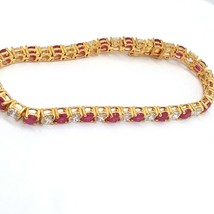 4CT Ruby &amp; Simulated Diamond Tennis Bracelet in 14K Yellow Gold Plated Brass 7&quot; - £37.85 GBP