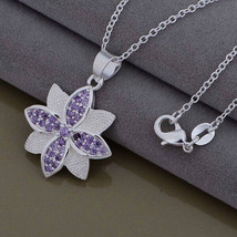 Lavender Crystal Flower Pendant Necklace Sterling Silver - £9.66 GBP