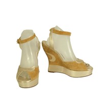 Terry De Havilland Iconic Margaux Beige Suede Gold Wedges Platform Sanda... - $197.01