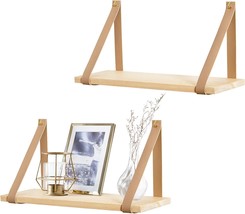 Mkono Hanging Shelf Wall Wood Floating Storage Shelves Leather Strap Swing - £26.37 GBP