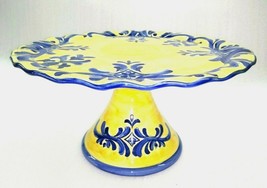 Classic Round Yellow Blue Ceramic Pedestal Cake Cupcakes Scalloped Serving Dish - £47.16 GBP