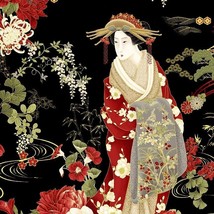 Cotton Japanese Geishas Asian Kyoto Garden Black Fabric Print by Yard D468.53 - £12.82 GBP