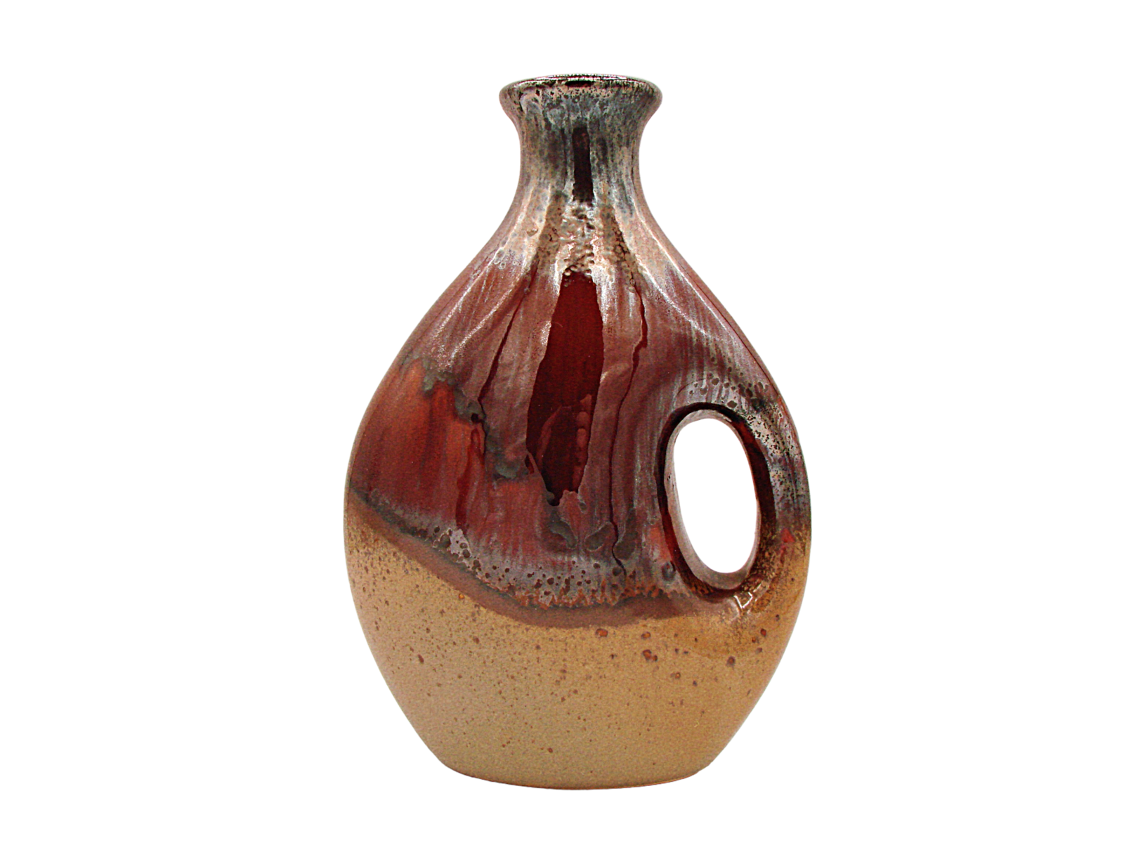 Drip Glaze Pottery Decanter Vase Pitcher Jug Mottled Pierced Handle 9" Brown  - $28.82