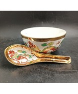 Dragon Phoenix Porcelain Rice Gilded Soup Bowl + Matching Spoon c.1940s-70s - $18.00