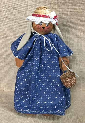 Primary image for Primitive Rustic Wood Country Bunny Rabbit Lady In Cottagecore Dress Decoration