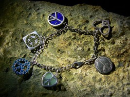 Peace Love Protection Symbols Multi Gemstones Sterling Silver Charm Brac... - £266.18 GBP