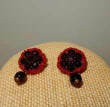 Two tone light and dark red beaded cluster post earrings w/ beaded dangles - $15.00