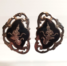 Sterling Silver Antique Vintage Siam Black Enamel Non Pierced Nielloware Earrings - £18.59 GBP