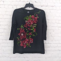 Alia Top Womens Medium Black Floral 3/4 Sleeve Rhinestone Bling T Shirt Pullover - $19.99