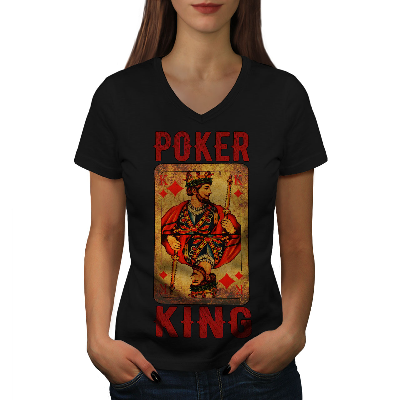 Poker Diamond King Shirt Card Game Women V-Neck T-shirt - $12.99
