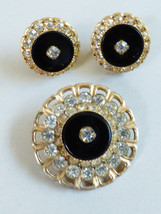 VTG Deco gold tone Black glass &amp; crystal Pin Brooch &amp; screw clip on Earrings set - £98.90 GBP