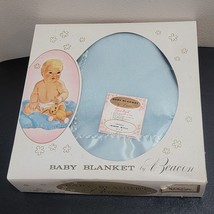 Vintage 60s Beacon Sky Blue Crib Storybook Baby Blanket Rayon Satin Trim USA New - £63.71 GBP