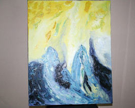 Original Modern Oil Painting Textured Wall Art 30&quot;x24&quot; Mountains Yellow Blue - £36.45 GBP