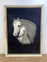 Vintage BLACK VELVET PAINTING wall art picture mid century modern White Horse 70 - £63.94 GBP