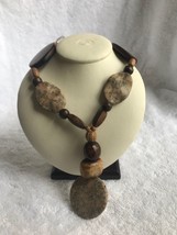 Vintage Large polished flat stone wood beads Necklace BOHO 22 inch barbell - £40.78 GBP