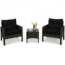 3 Pcs Outdoor Patio Rattan Conversation Set with Seat Cushions-Black - £122.19 GBP