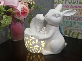 EASTER WHITE LIGHT UP BUNNY RABBITS STATUE FIGURINE TABLETOP DECOR - $28.99