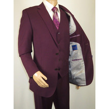 Men BERRAGAMO 3pc Suit Vested Plain front Pants Side Vents Formal A6732 Burgundy image 7