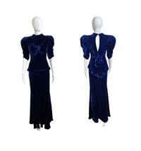 Vintage 1930-40s Blue Velvet Puff Sleeve Maxi Gown Dress XS Read* - £221.89 GBP