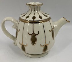 PartyLite Tea Pot Tealight Votive Holder Beige Gold Trim, Changing Color... - $14.84