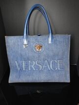Versace Gold Logo La Medusa  Fabric Calf Leather  Denim  Blue Large Tote Bag image 2