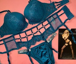 Victoria&#39;s Secret 32DDD,34D Bra Set+Garter+S Panty Blue Teal Fishnet Shine Strap - £134.84 GBP