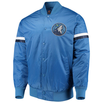 NBA Minnesota Timberwolves Sky Blue Navy Blue Satin Baseball Varsity Jacket - £109.01 GBP