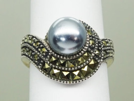 Judith Jack Sterling Silver Marcasite Gray Faux Pearl Ring, Size 6.25 - £47.16 GBP