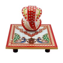 Rajasthani Traditional Multicolor Handpainted Ganesh Ji Idol with Marble Chowki  - £19.77 GBP
