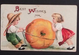 Best Wishes for Thanksgiving Boy &amp; Girl Pumpkin c1910 Int Art Pub Co Postcard - £11.76 GBP