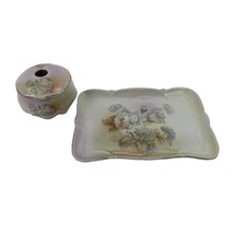 Porcelain Hair Receiver With Tray Vanity Set Germany Victorian Floral Pa... - $49.50