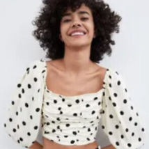 Zara Polka Dot Crop Top Cream Black Size XS Balloon Sleeve Smocked Ruching  - £19.61 GBP