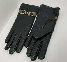 Aris Black Pebbled Vegan Leather Brown Stitch Trim Fur Textile Lined Gloves Sz S - £8.15 GBP